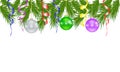New Year banner, poster with Christmas tree branches, Christmas balls and serpentine