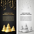 New Year banner set with abstract golden Christmas tree and serpentine. Gold Christmas Trees on black and white