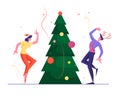 New Year Bash. Business People Celebrating Party, Characters Having Fun and Dancing at Decorated Christmas Tree