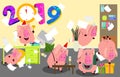 2019 New Year bash. Pigs celebrating party vector illustration. Cool vector flat character design on New Year or Birthday party wi