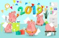 2019 New Year bash. Pigs celebrating party vector illustration. Cool vector flat character design on New Year or Birthday party wi