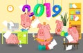 2019 New Year bash. Pigs celebrating party vector illustration. Cool vector flat character design on New Year or Birthday party wi