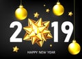 2019 New Year black background with golden gift bow and balls Royalty Free Stock Photo