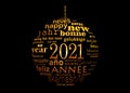 2021 new year black and gold multilingual text word cloud greeting card in the shape of a christmas ball