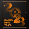 2023 New Year black minimal poster with fly gold orange numbers and tree with text. Greeting card. Vector