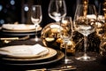 New Year black table setting with golden decorations on black background for festive dinner and party. Royalty Free Stock Photo