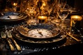 New Year black table setting with golden decorations on black background for festive dinner and party. Royalty Free Stock Photo