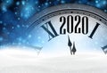 2020 new year blue background with clock and snow Royalty Free Stock Photo