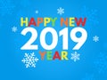 2019 New Year on the blue background. Design for flyers and greetings card. White snowflakes and bright letters. Simple