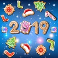 2019 New Year on the blue background with set of Christmas cookies Royalty Free Stock Photo