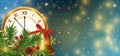 New Year blue shining background with golden clock, branches Christmas tree and cone, bell with ribbon and holly berries. Vector Royalty Free Stock Photo