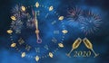 New Year blue background with fireworks and midnight clock