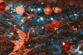 New year and blue xmas tree decorations with red ball and bauble, close-up Royalty Free Stock Photo