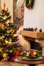 New Year bouquet on Christmas tree and fireplace defocused background