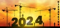 2024 new year. Building crane loading numbers. Industrial silhouette. Construction site for workers. Welcome to happy Royalty Free Stock Photo