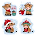 NEW YEAR BULL Merry Christmas Cartoon Vector Illustration Set