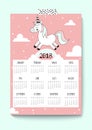 2018 New year calendar. Cute unicorn. Vector. A4