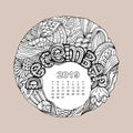 New year calendar grid with lettering December in zentangle inspired style. Christmas mandala. Zen monochrome graphic.