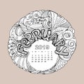 New year calendar grid with lettering February in zentangle inspired style. Christmas mandala. Zen monochrome graphic.