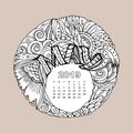 New year calendar grid with lettering May in zentangle inspired style. Christmas mandala. Zen monochrome graphic.
