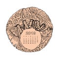 New year calendar grid with lettering May in zentangle inspired style. Christmas mandala. Zen monochrome graphic.