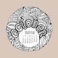 New year calendar grid with lettering October in zentangle inspired style. Christmas mandala. Zen monochrome graphic.