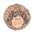 New year calendar grid with lettering September in zentangle inspired style. Christmas mandala. Zen monochrome graphic.