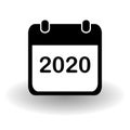 New year 2020 calendar page icon. Simple flat organizer in solid black and white with vector shadow. Eps 10 illustration