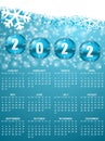 New year 2022 calendar. Winter design illustration with snowflakes and blue christmas balls. Sundays first