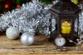 New Year Candle Retro Clock, Vintage Leather Suitcases, Old Fashioned Christmas Tree Decorations, Royalty Free Stock Photo