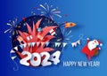 New year card advertising design. Santa Claus and fireworks over big letters 2024