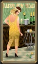 New year card in art deco style, flapper girl with cigarette and xmas champagne Royalty Free Stock Photo