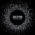 New Year 2019 Card Background. Silver Light Disco Lights Circle Frame. White confetti circle dots texture. Royalty Free Stock Photo