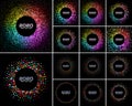 New Year 2020 Card Backgrounds set. Bright Colorful Disco Lights Confetti rainbow colors circle frame. Vector.