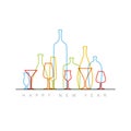 New Year card with bottles and glasses Royalty Free Stock Photo