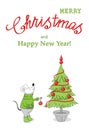 New Year 2020 card with cartoon mouse decorating fir-tree