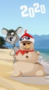 New Year card. Cartoon snowman made of sand with a mouse in the tropics Royalty Free Stock Photo