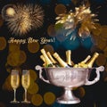 New Year card with Champagne bottles and fireworks Royalty Free Stock Photo