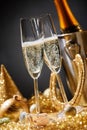 New Year card with champagne flutes during party