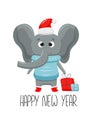 New year card with christmas elephant celebrating holiday in red hat