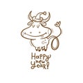 New Year card with cute cartoon bull. Chinese calendar symbol.