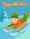 New year card cute child on snow sledding. Vector illustration with lettering congratulation.