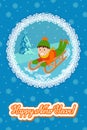 New year card cute child on snow sledding. Vector illustration with lettering congratulation.