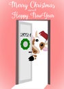 New Year card. A cute cow peeks in from 2021 in a New Year\'s hat. New Year 2021. Royalty Free Stock Photo