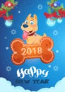 New Year Card With Cute Dog Standing On Bone Chinese Symbol Of 2018