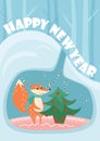 New Year vector card with cute fox and decorated fir tree in lair.