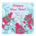 New Year card design. Party. Colorful vector illustration of three cute mice joyfully celebrating holidays in hand drawn Royalty Free Stock Photo