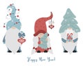 New year card family gnomes. Cute cartoon gnome girl and man with Christmas tree and Christmas balls and gifts. Vector