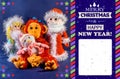 New Year card. Father Frost, Snow Maiden and snowman next to a monkey, a symbol 2016. Hand-made, exclusive. Space for text Royalty Free Stock Photo