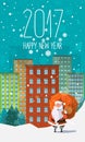 2017 New Year card with flat trendy Santa Clause in the site of a downtown view Royalty Free Stock Photo